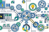 a graphic with complex cogs and processes