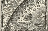 a black and white engraving showing a figure looking beyond the world and stars out to the universe.