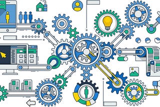 a graphic with complex cogs and processes